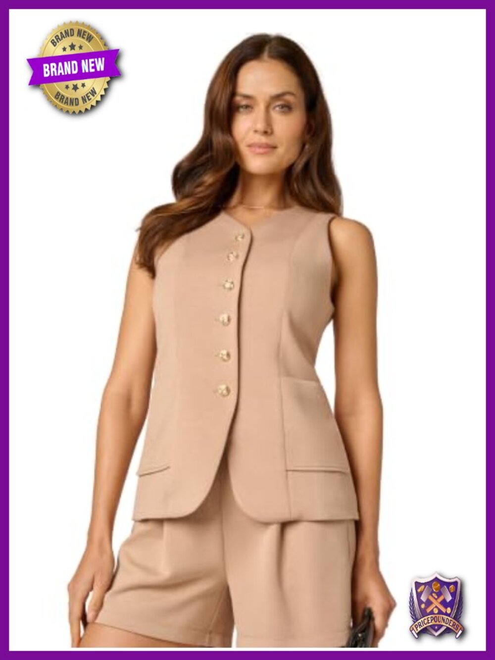 Sleeveless Ponte Knit Vest with Gold Buttons Collared Flared